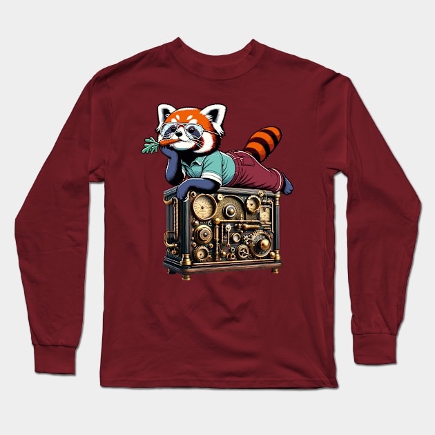 Red Panda Relaxing on Vintage Radio - Unique Digital Art Long Sleeve T-Shirt by TimeWarpWildlife